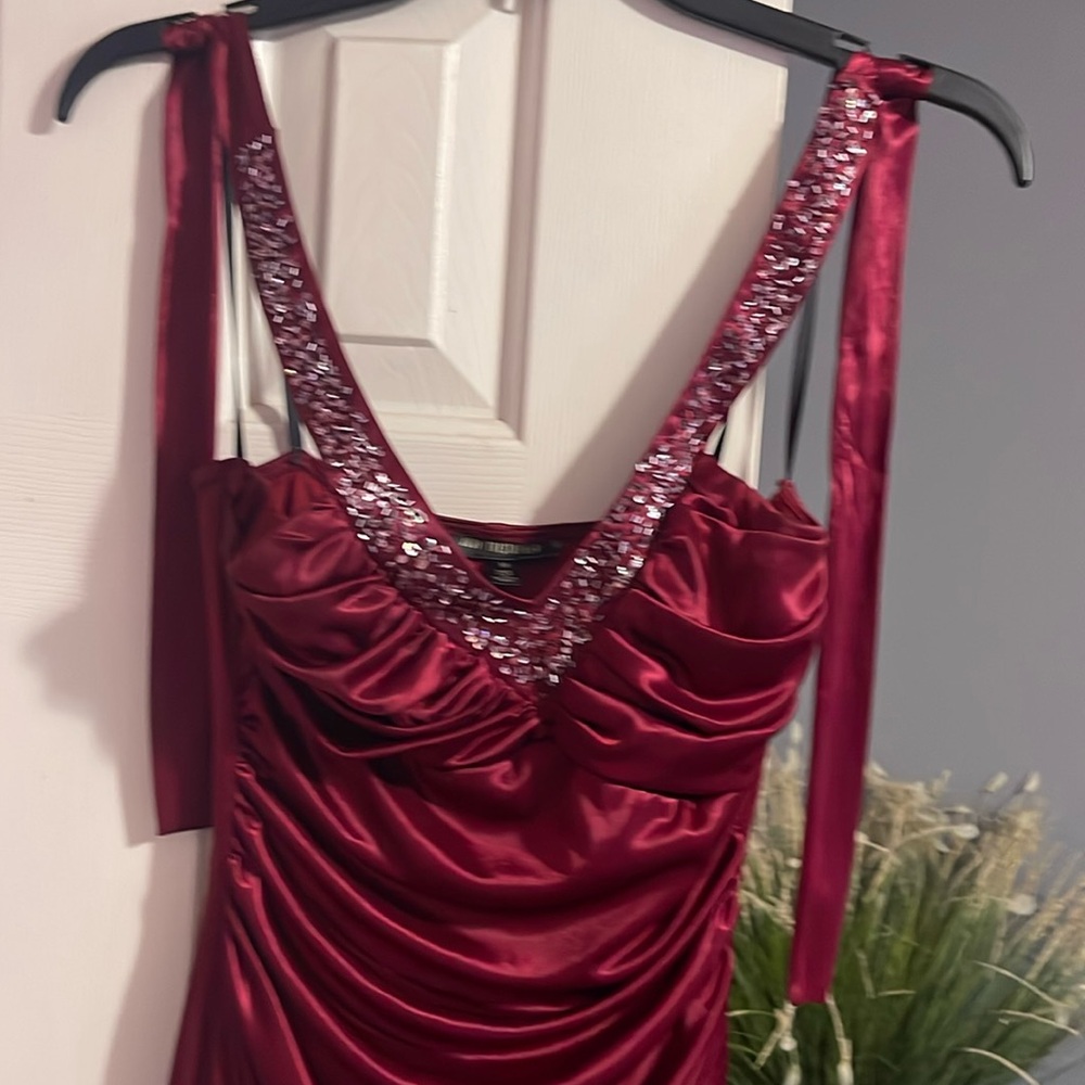 Jodi Kristopher Wine Red Halter Formal Prom Long Dress Gown